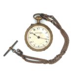 Inimitable brass open-face crown wind pocket watch and chain, Swiss movement, pair of horses