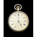 A hallmarked silver pocket watch by F. E. Bowden & Sons Plymouth, white enamelled dial with black