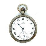 An Omega white faced pocket watch with Roman numerals, two faced, two out of the three hands
