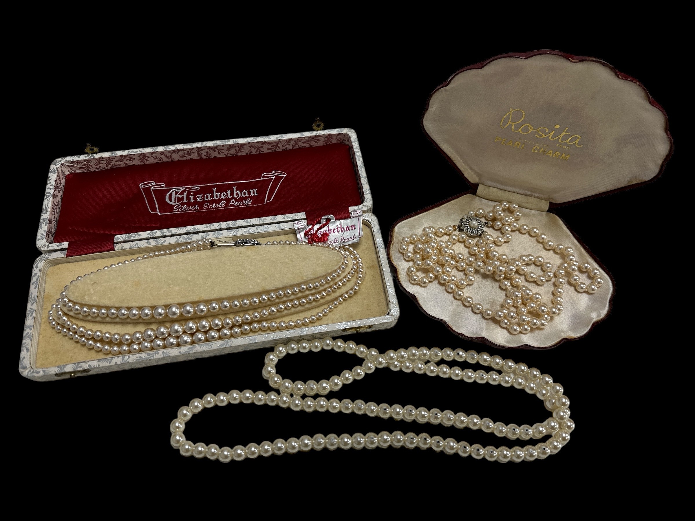 3 simulated pearl necklaces including a vintage Rosita necklace in box ...