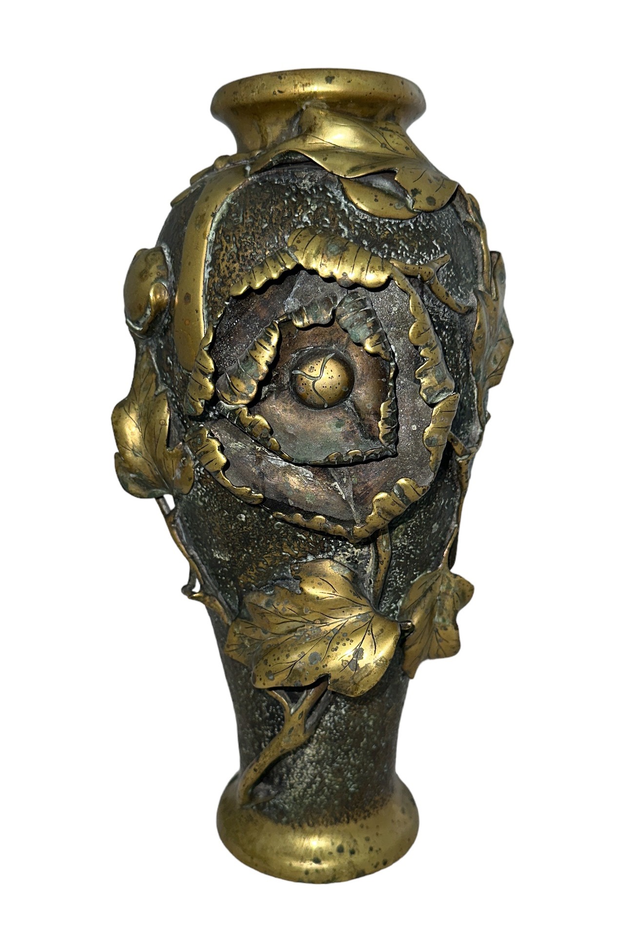 Japanese bronze floral vase, with floral and leaf relief decorations to side, marked to base. Heavy.