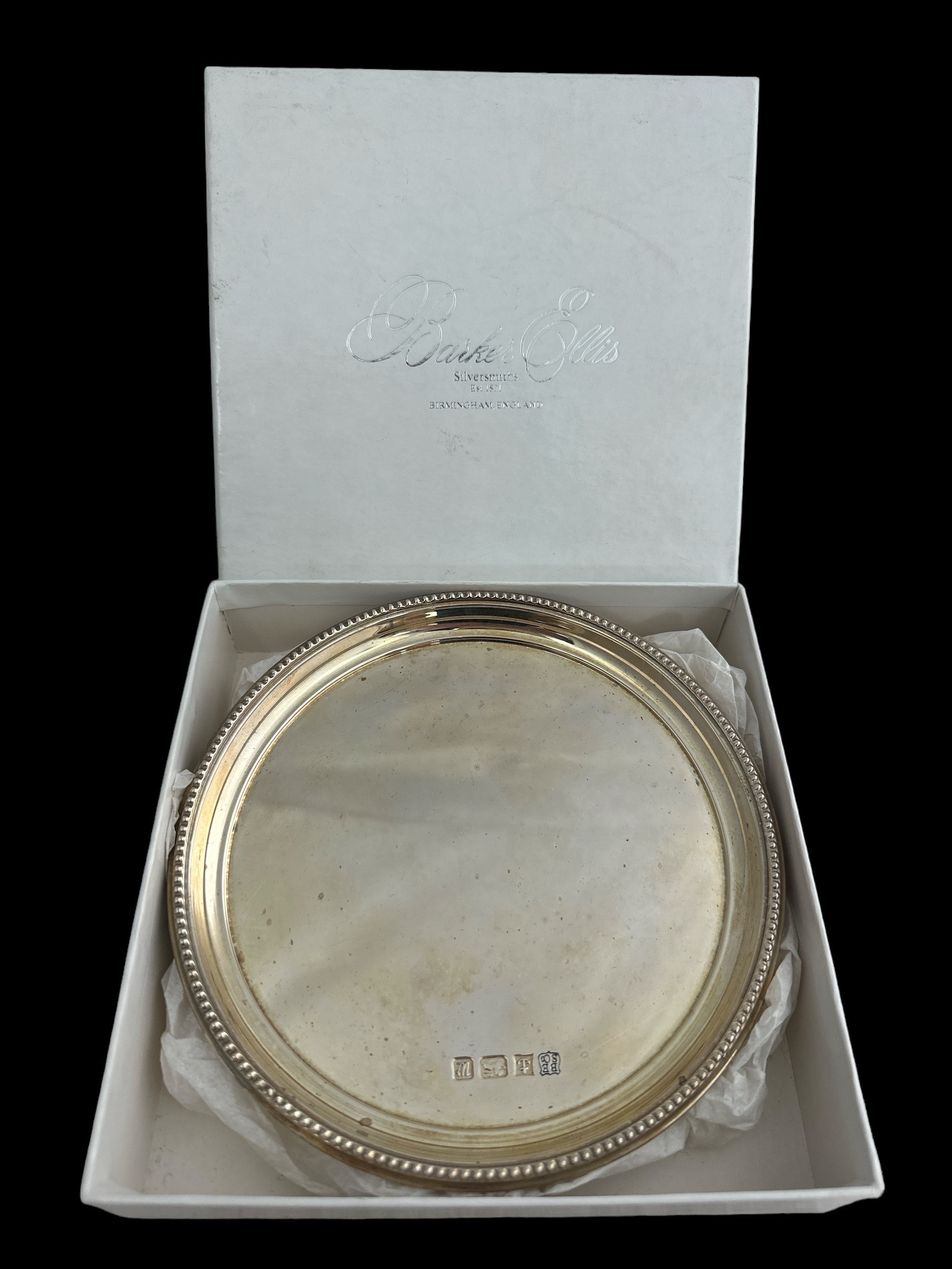Barker Ellis sterling silver salver of plain circular design with bead edge decoration. 15cm