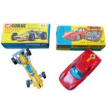 Corgi. Pair of 1960s race cars, with Cooper-Maserati F1 yellow and white, race no. 3, with driver