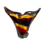 Iwatsu Hineri Glassworks, sculpted Apricot, Scarlet and Violet striped vase. Japan, 1960’s/70’s.