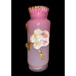 Stevens & Williams, late 19th Century Stevens & Williams pink cylindrical glass vase with applied
