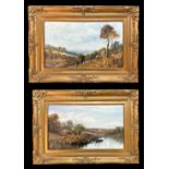 A pair of unsigned oil landscape paintings, both autumnal in colours one depicting a river cottage