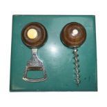 Novelty vintage bowls themed bottle opener and corkscrew set, on wooden stand.