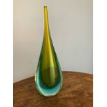 Murano Glass, a Murano Sommerso, teardrop studio glass vase in yellow and blue tones. Height 20cm.