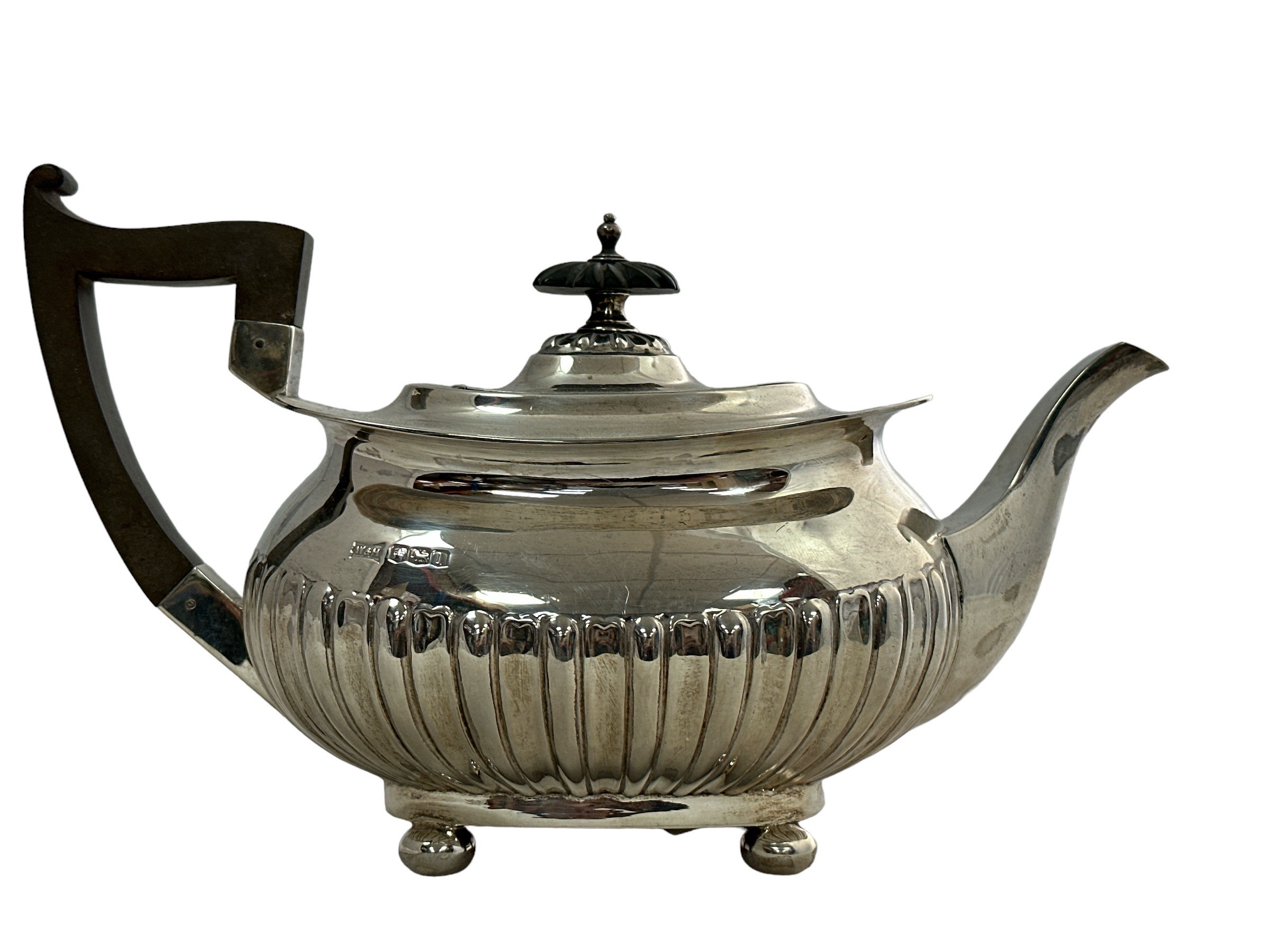 A silver teapot by Walker & Hall with a rectangular body with half fluted design, four ball feet, - Image 2 of 2