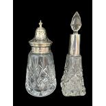 A Barker Ellis cut glass sugar shaker with silver mount. 1979 Hallmarks. Weight 354g. Also a glass