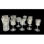 Ten delicate cut glass glasses including seven wine/ sherry glasses and three tall glasses Minor