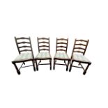 Ladder back chairs, set of four, generally good plus, with drop out patterned beige fabric