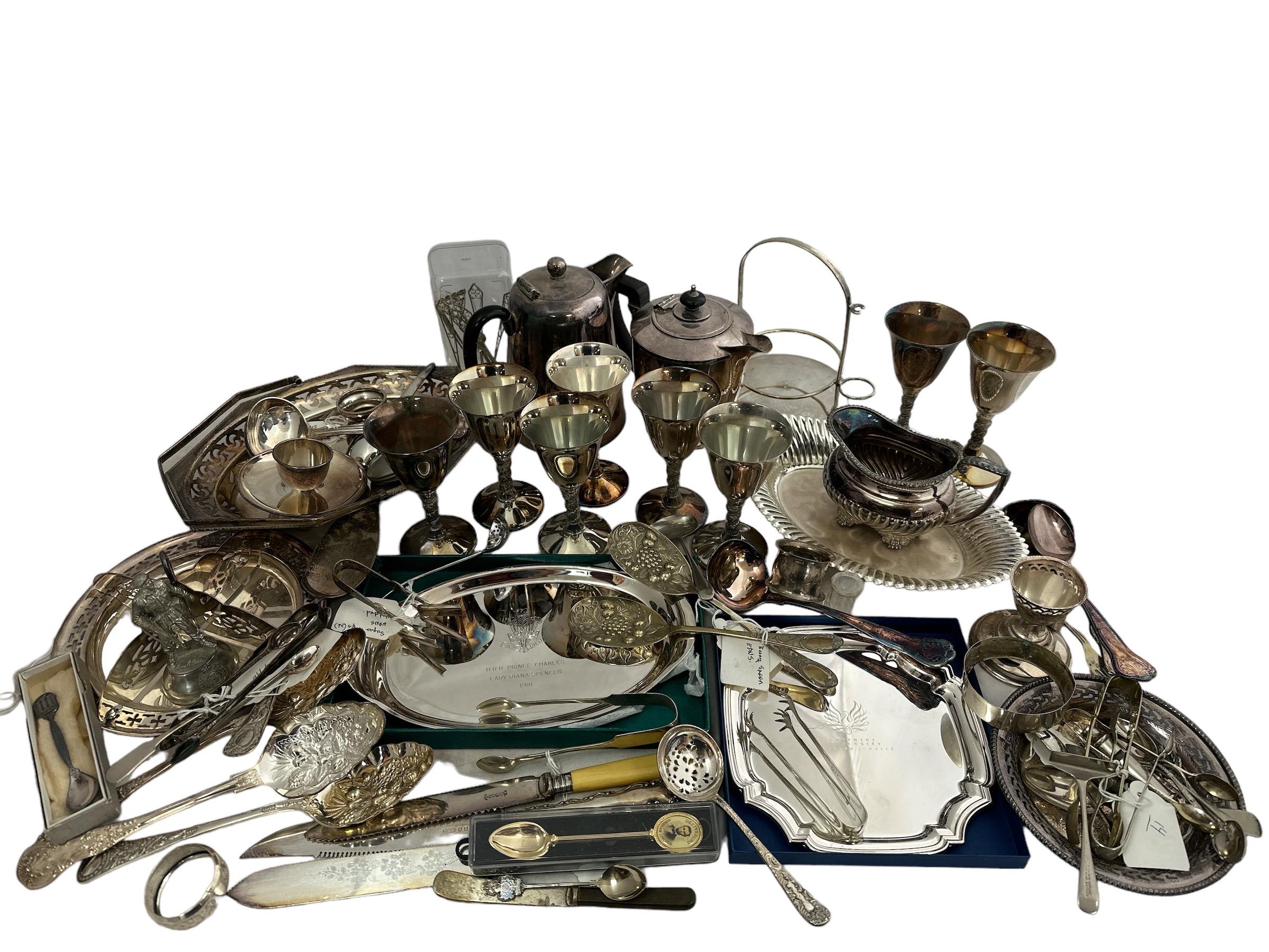 A large number of mostly silver plated and some white metal items, including a silver plated