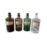 Range of four chemists bottles with ground glass stoppers including clear bottle with "AQUA"