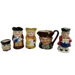 Five toby/ character jugs. Two WH Goss Toby Jugs, approx 10cm and 11cm in height. No apparent damage