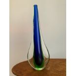 Murano Glass, a Murano Sommerso long teardrop studio glass vase in blue and green tones, with Murano