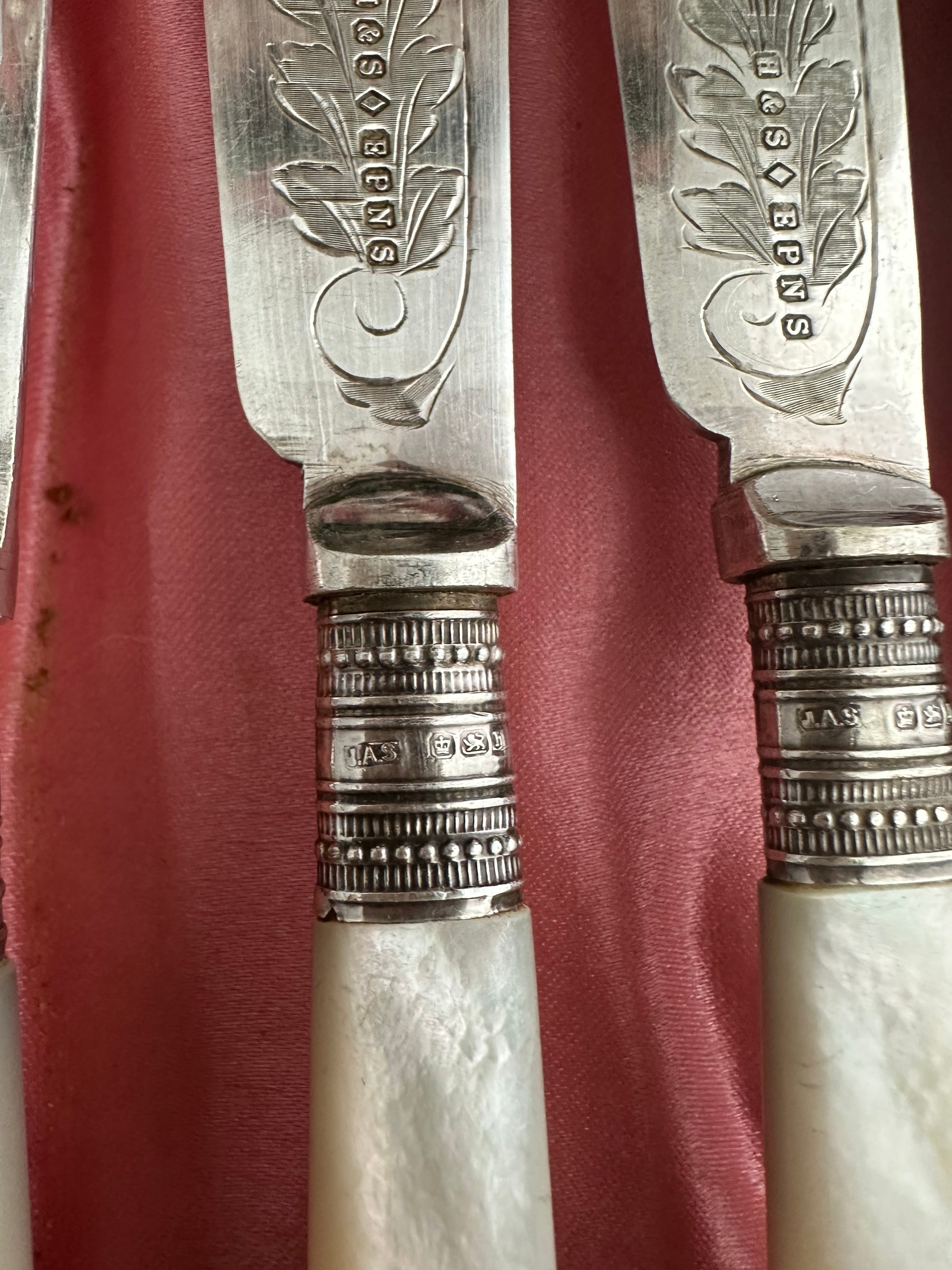 A cased set of 6 fish knives and forks with silver collars and mother of pearl handles. Made by J. - Image 2 of 4