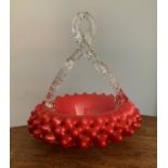 Victorian cranberry glass basket, with twisted crystal handle. Height 20cm.