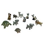 Eleven animal figures, including some Wade Whimsey figures, a pewter elephant etc. Large turtle