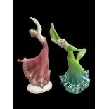 Two Katzhutte porcelain dancing figurines. Dancer in a green dress, 26cm high, small chip on back