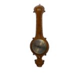 Mother of pearl inlaid wheel barometer, length 104cm, width 34cm at widest point, some small areas