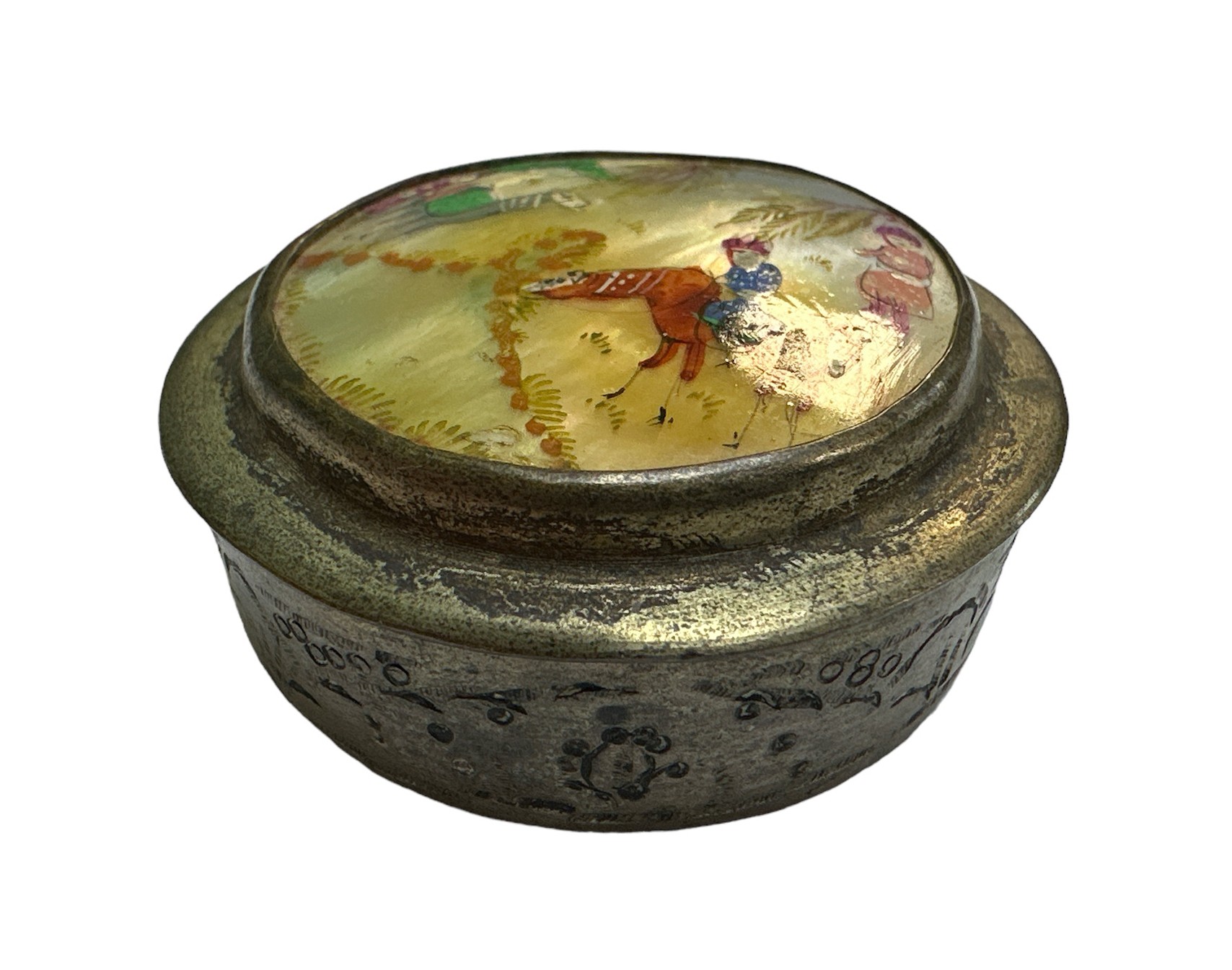 19th Century Persian round pill box, the lid inset with a mother-of-pearl panel decorated with