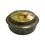 19th Century Persian round pill box, the lid inset with a mother-of-pearl panel decorated with