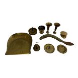Range of brass ornaments / trench art with candlestick holders (2), ashtray, cap, vases (2), brush
