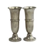 Pair of silver vases with cylindrical design and band of reeding to the centre body. 13cm high. 1971