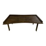 Wooden folding bed table / server with folding leg mechanism to underside. 62cm x 35cm.