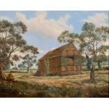 Brian Tovey (British, b. 1943), 'The Hay Barn, Monkspath, Warwickshire' oil on canvas riverside