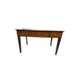 19th Century mahogany satinwood crossbanded three-drawer table, oval brass handles, line inlaid