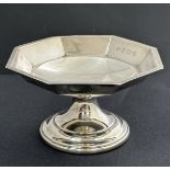 A silver octagonal comport, with 1988 Birmingham hallmarks for Mappin & Webb. 12.3cm diameter,