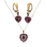 A 9ct hallmarked ruby pendant with diamond accent with a chain stamped 9ct. Also a pair of