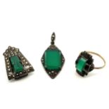 A dyed agate and marcasite pendant along with a green stone and marcasite ring stamped 9ct size Q,