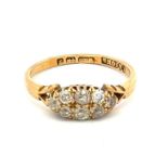 Victorian 18ct boat-shaped diamond cluster ring set with 8 old cut diamonds. Birmingham hallmarks