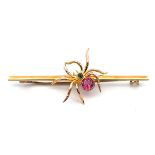 An early 20th Century spider bar brooch with a pink tourmaline abdomen and a green tourmaline