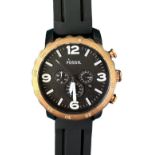 A Gents multi-dial black dial Fossil large wristwatch, quartz movement, with rubber strap, in