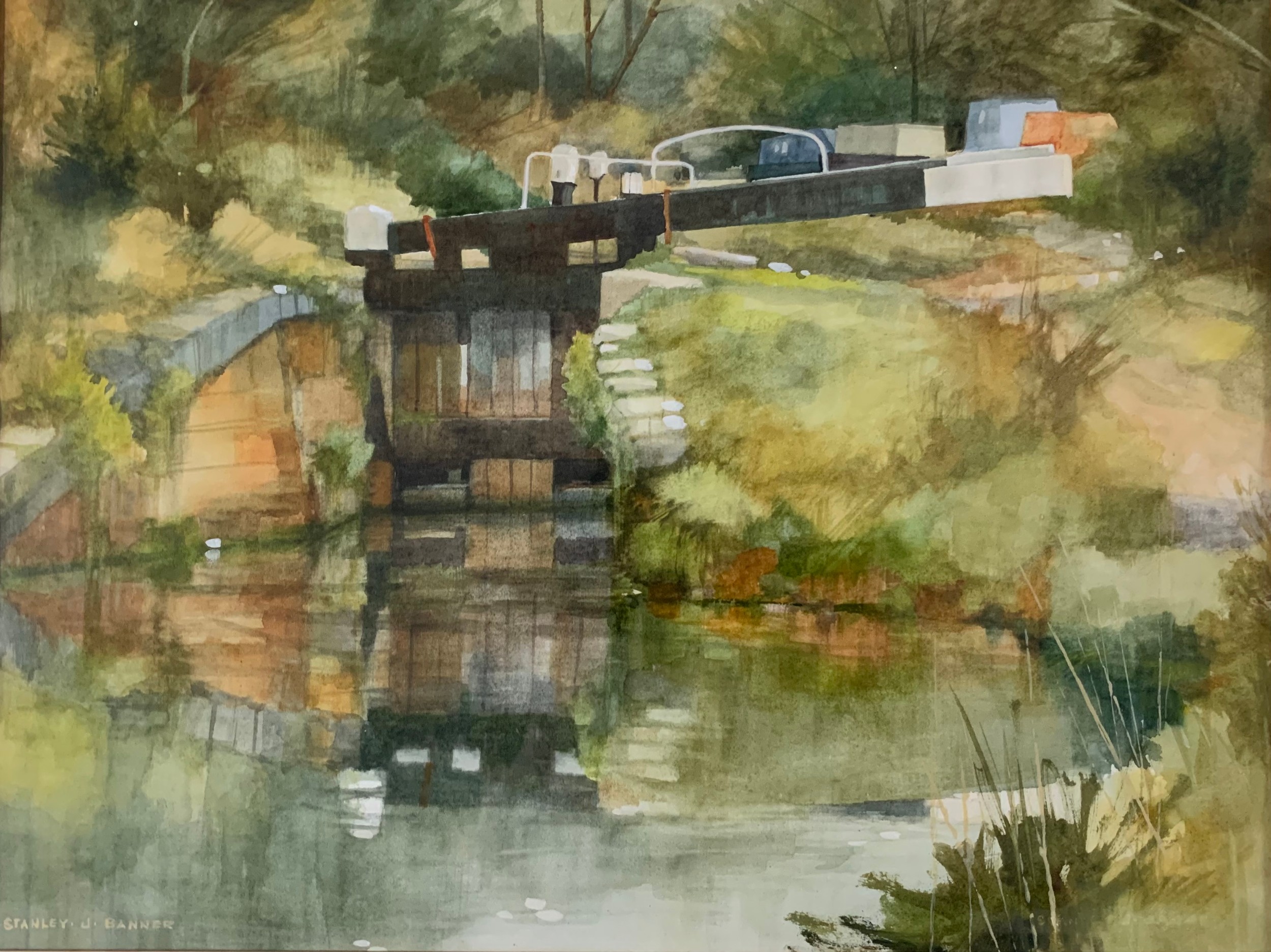 Stanley J Banner (British) – ‘Lock at Lapworth’ watercolour on paper painting of a lock on