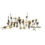32 brass animal figurines. Includes 5 sitting frogs, 2 turtles, 2 newts, a crocodile, a penguin,