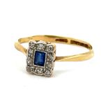 An Art Deco sapphire and diamond ring stamped 18ct and platinum, size Q. Weight 2.05g.