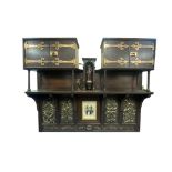 Interesting arts and crafts oak overmantel twin cabinet with well crafted arts & crafts brass