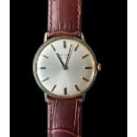 Record Deluxe 9ct gold wristwatch, white dial with gold batons, brown leather strap and original