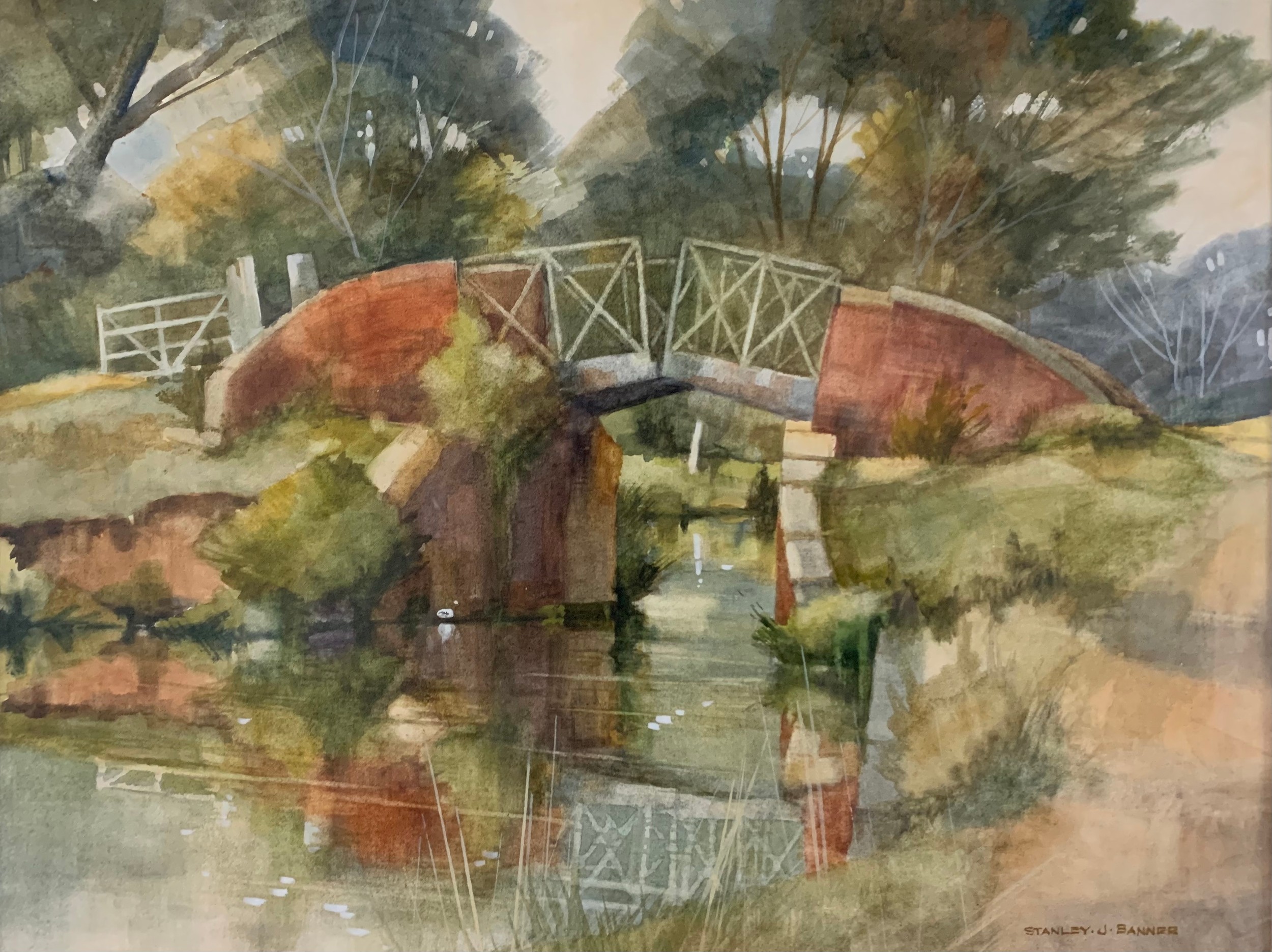 Stanley J Banner (British) – ‘Bridge Over The Canal – Lapworth’, watercolour on paper painting of