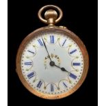 A ladies pocket watch with white enamel dial, Stamped 14k