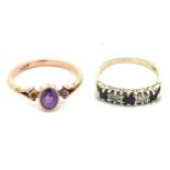 A 5 stone sapphire and white stone ring, stamped silver size ,weight 2g. Also an amethyst ring