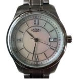 Rotary watch with mother of pearl dial, Roman numeral/ baton hour markers, outer minute markers