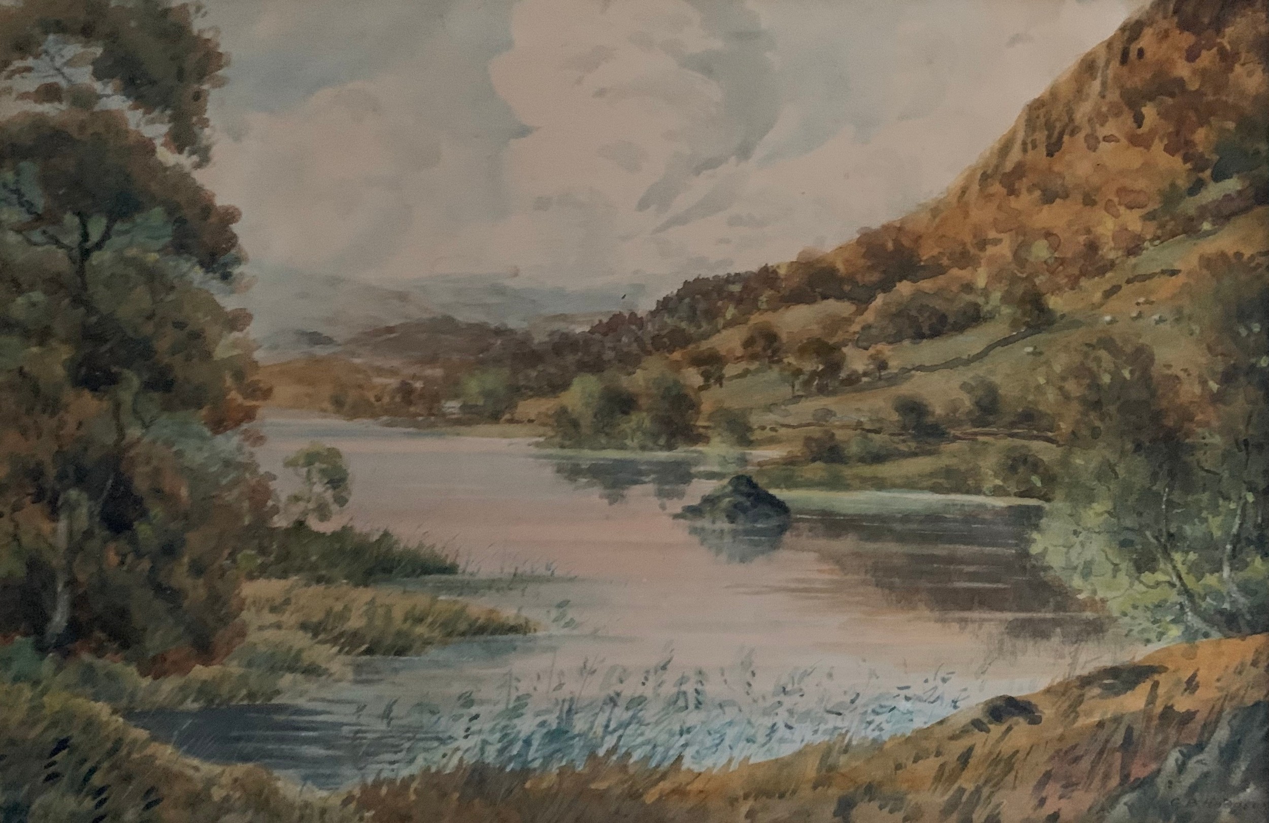 George Hodgson (British, 1847-1921), watercolour riverside landscape, signed ‘G. G. Hodgson’ to