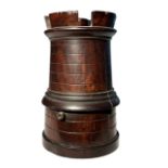 Treen - castellated tower form string box, 8cm in height, diameter at base is 5cm. Some small