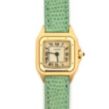 A ladies 18ct Cartier watch, circa 1990. Signed square champagne coloured dial with black Roman